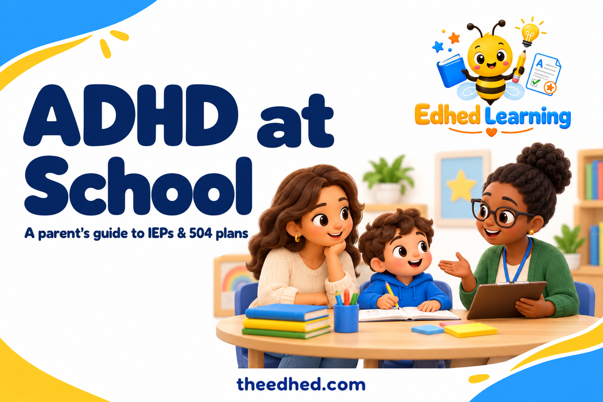 Edhed Learning: ADHD at School. a parent and teacher collaborating at a school table with a child and simple learning materials.