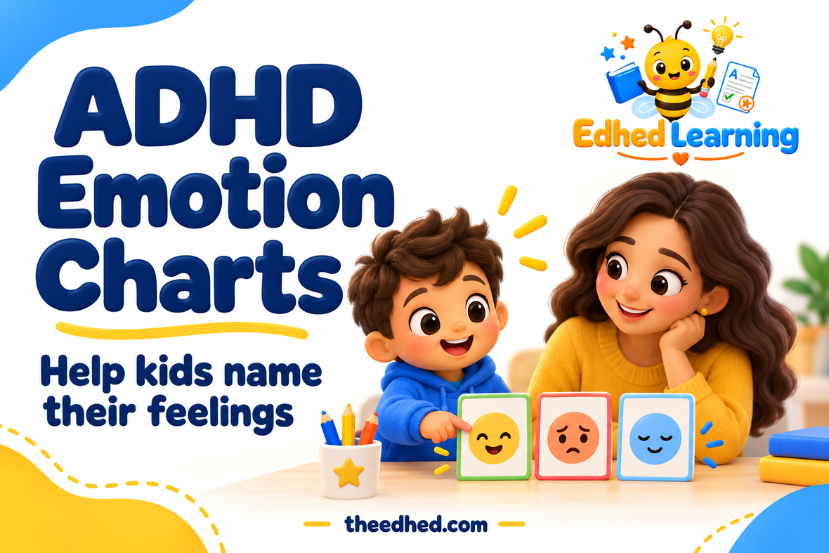 Edhed Learning: ADHD Emotion Charts. a child pointing to a simple row of happy, worried and calm face cards beside a supportive parent.