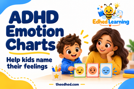 Edhed Learning: ADHD Emotion Charts. a child pointing to a simple row of happy, worried and calm face cards beside a supportive parent.