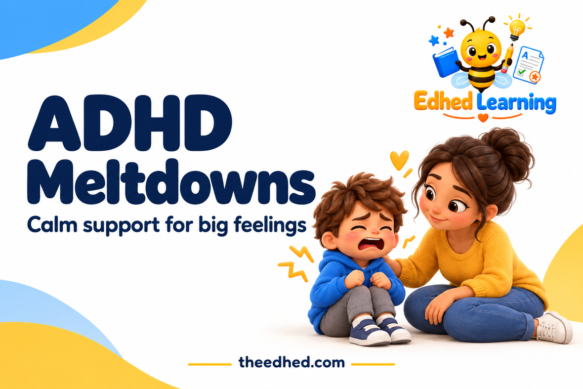 Edhed Learning: ADHD Meltdowns. a calm parent sitting at eye level with an upset child, warm reassuring body language.