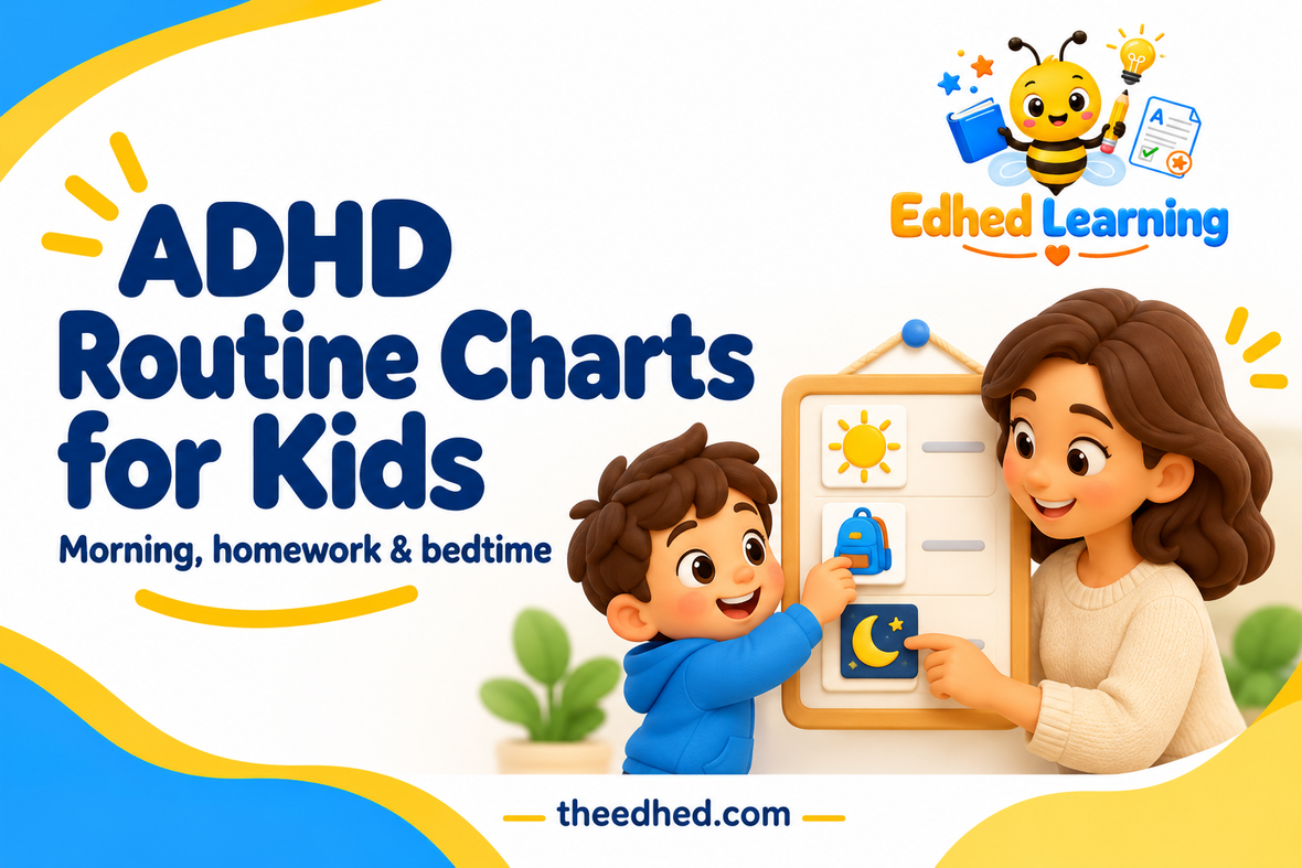 Edhed Learning: ADHD Routine Charts for Kids. a child and parent placing picture cards on a simple daily routine board, sun, backpack and moon icons.