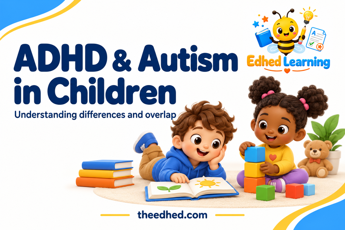 Edhed Learning: ADHD & Autism in Children. two different children learning comfortably with blocks and a book, inclusive supportive scene, no puzzle symbols.