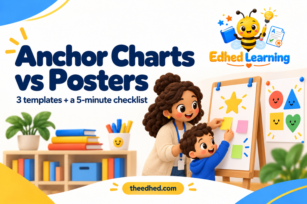 Edhed Learning: Anchor Charts vs Posters, with a teacher and child building a classroom chart.