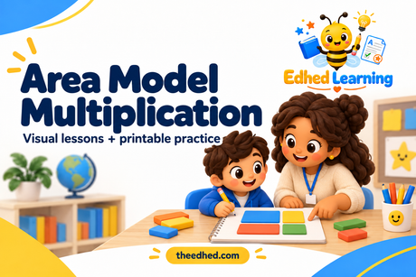 Edhed Learning: Area Model Multiplication, with a teacher and pupil exploring coloured rectangular maths tiles.