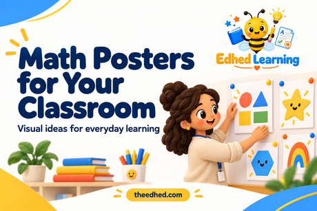 Edhed Learning: Math Posters for Your Classroom. a teacher arranging cheerful maths posters with simple shapes on a classroom wall.