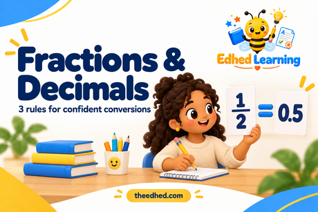 Edhed Learning: Fractions and Decimals, showing a pupil with the equivalent values one half and 0.5.
