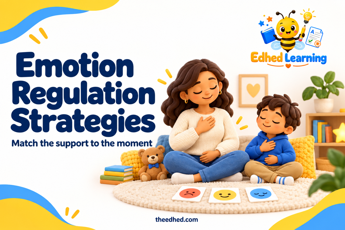 Edhed Learning: Emotion Regulation Strategies. a parent and child taking a calm pause together in a cosy room with simple emotion cards.