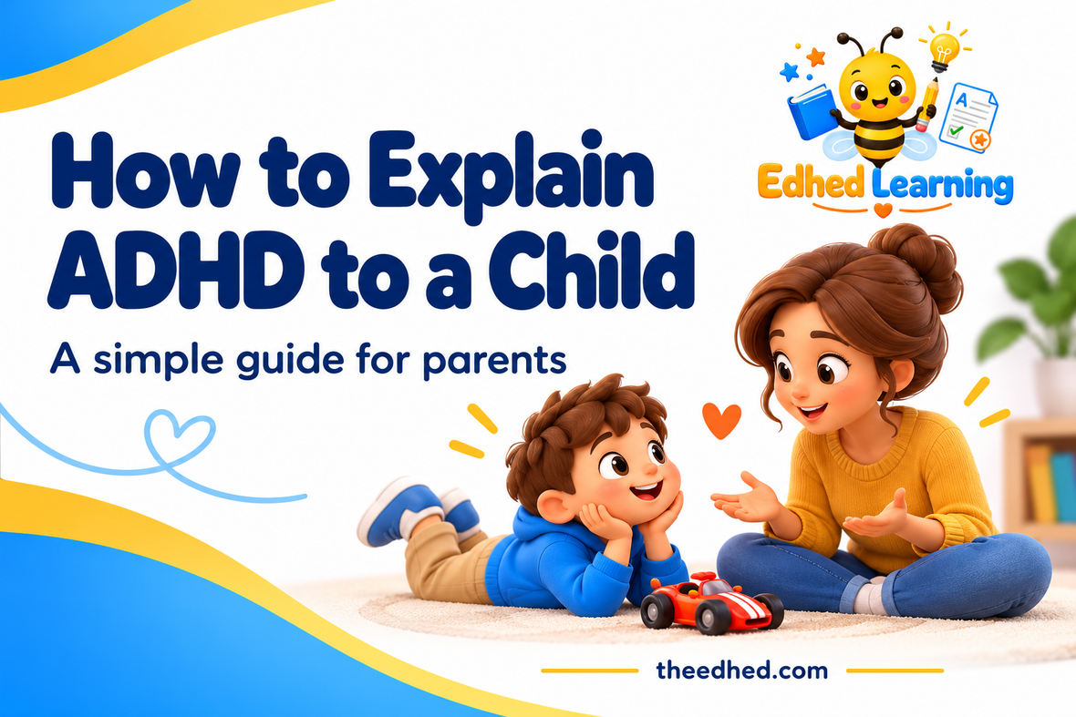 Edhed Learning: a parent and child discussing ADHD with a toy race car