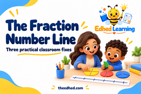 Edhed Learning: The Fraction Number Line. a friendly teacher and child arranging fraction circle manipulatives beside an unlabelled evenly spaced number line strip.