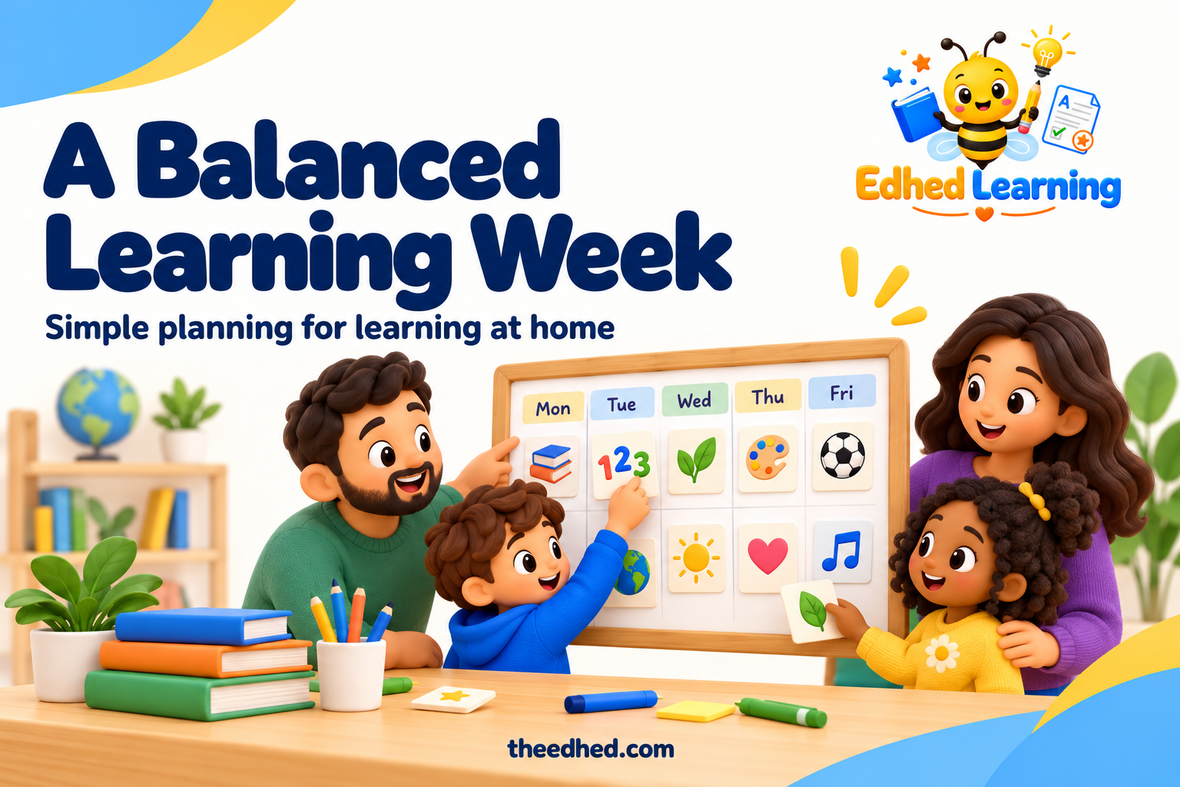 Edhed Learning: A Balanced Learning Week. a family arranging a weekly learning board with icons for books, numbers, nature and play.