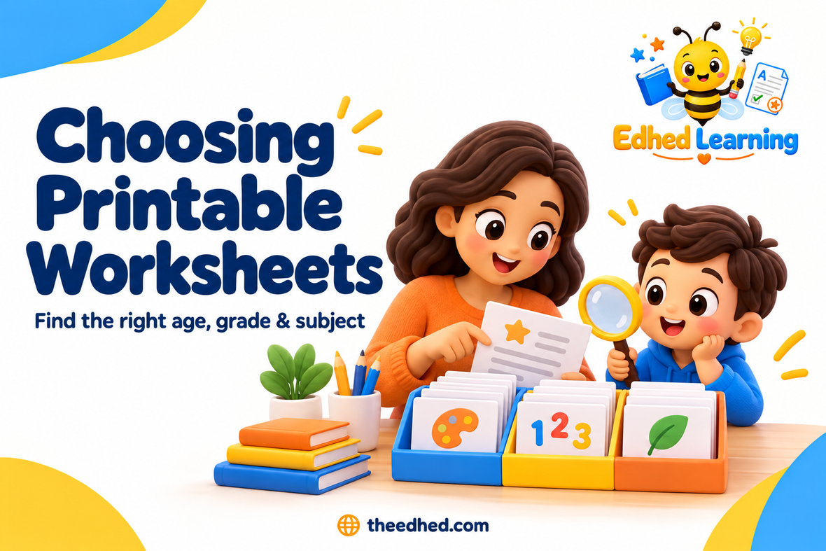Edhed Learning: Choosing Printable Worksheets. a parent choosing from neatly organised learning sheets with a child, magnifying glass and pencil.
