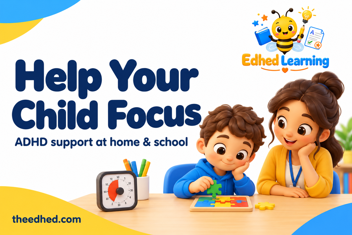 Edhed Learning: Help Your Child Focus. a child concentrating on a small puzzle at an uncluttered desk with a visual timer and a teacher.