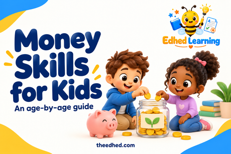 Edhed Learning: Money Skills for Kids. children dropping generic gold coins into a clear savings jar beside a little piggy bank.