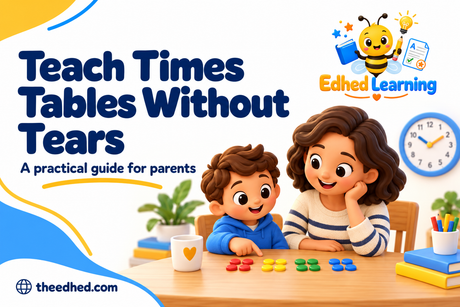 Edhed Learning: Teach Times Tables Without Tears. a parent and child making small equal groups of colourful counters at a table.