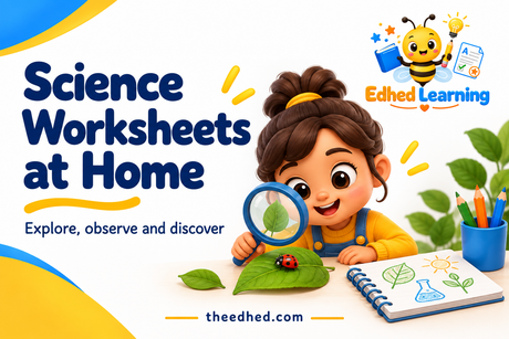 Edhed Learning: Science Worksheets at Home. a curious child using a magnifying glass to inspect a leaf beside a simple science notebook.