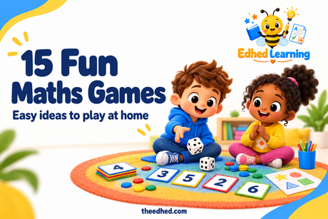 Edhed Learning: 15 Fun Maths Games. two happy children playing with dice, number cards and counters on a colourful rug.