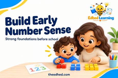 Edhed Learning: Build Early Number Sense. a preschool child sorting small groups of colourful counting blocks with a parent.