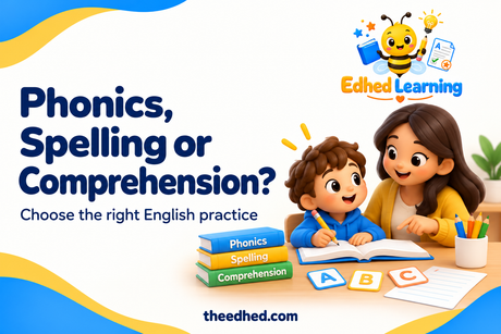Edhed Learning: Phonics, Spelling or Comprehension?. a child exploring books, letter tiles and a pencil with a supportive teacher.