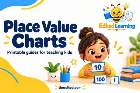 Edhed Learning Place Value Charts cover with a child and number cards for 100, 10 and 1.