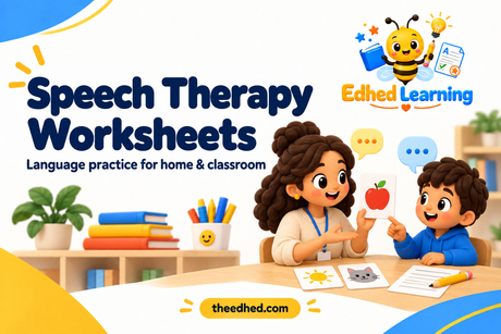 Edhed Learning: Speech Therapy Worksheets, with a teacher and child using picture cards for language practice at home and in the classroom.