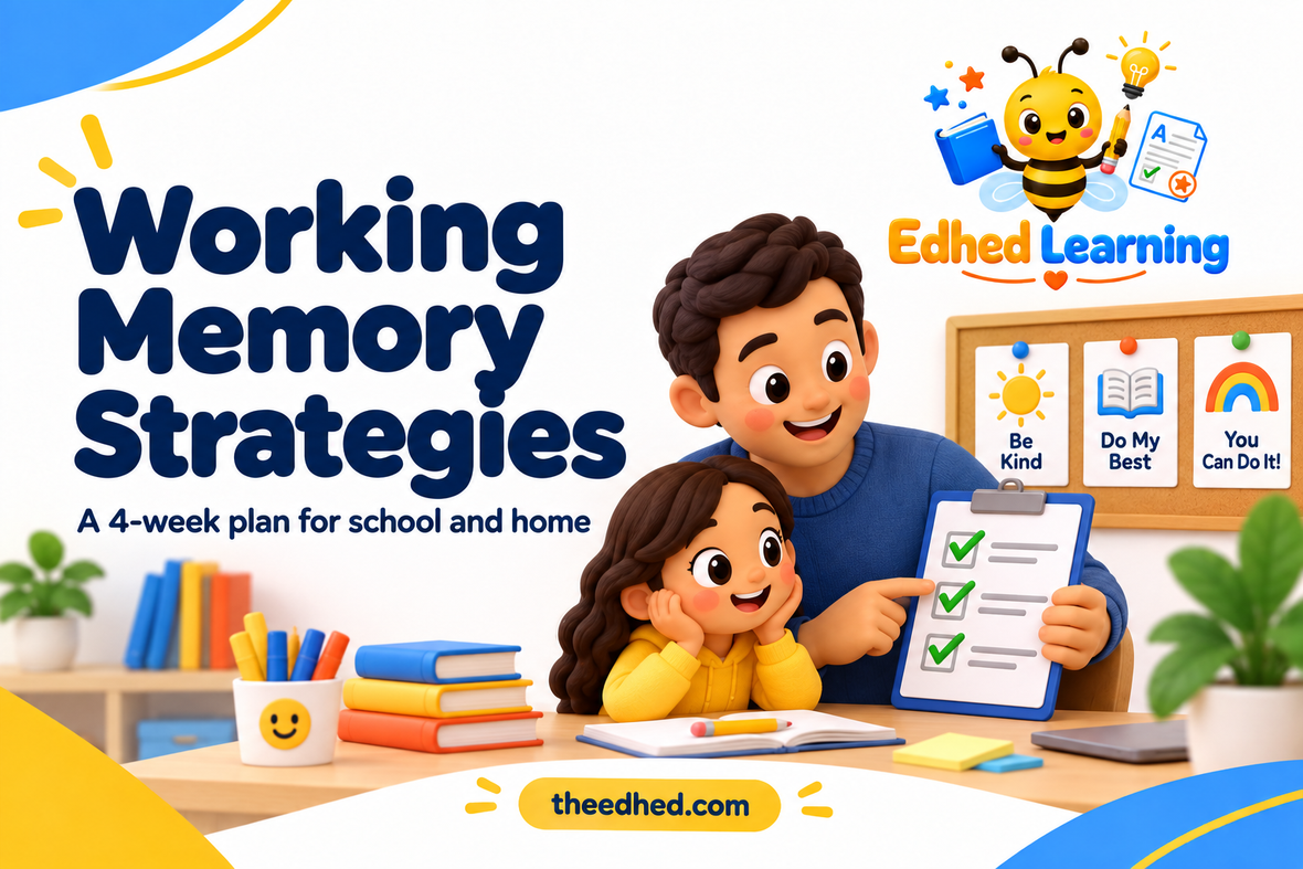 Edhed Learning: Working Memory Strategies, with a parent and child using a checklist and visual reminders.