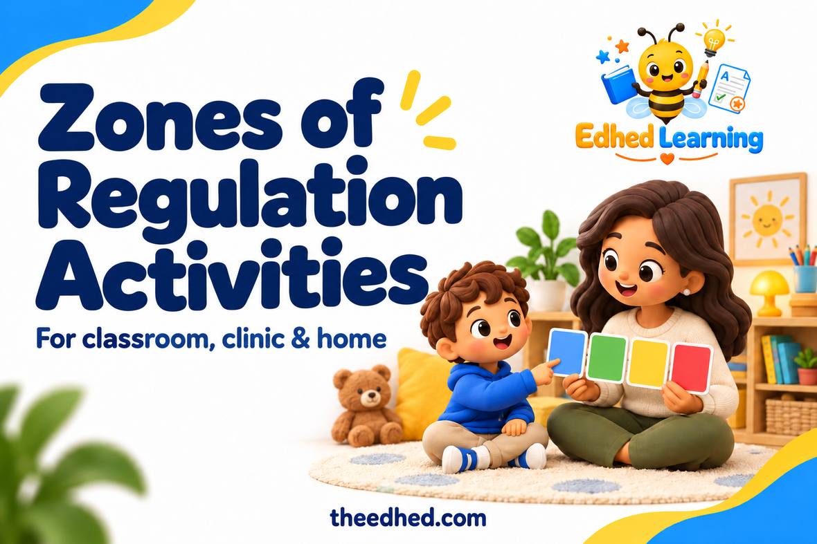 Edhed Learning Zones of Regulation activities cover with a parent, child and four coloured cards.