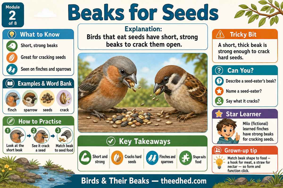 An educational poster titled 'Beaks for Seeds' from Module 2, featuring a central photo of two finches cracking seeds with short, strong beaks. The poster includes learning sections on 'What to Know', 'Explanation', 'Tricky Bit', 'Can you?', 'How to practise', 'Key Takeaways', and 'Grow up tips' with colorful icons and text on a blue and white background.