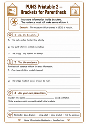 Grade 3 Punctuation printable preview – brackets for parenthesis