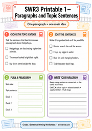 Grade 3 Sentence Writing printable preview – paragraphs and topic sentences