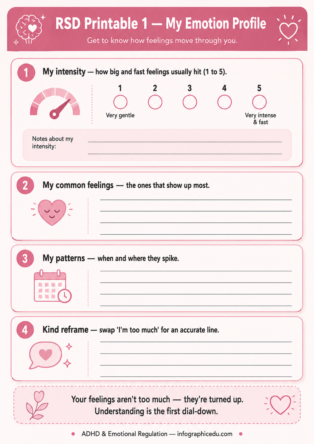 Emotion profile worksheet for self-assessment with pink and white design
