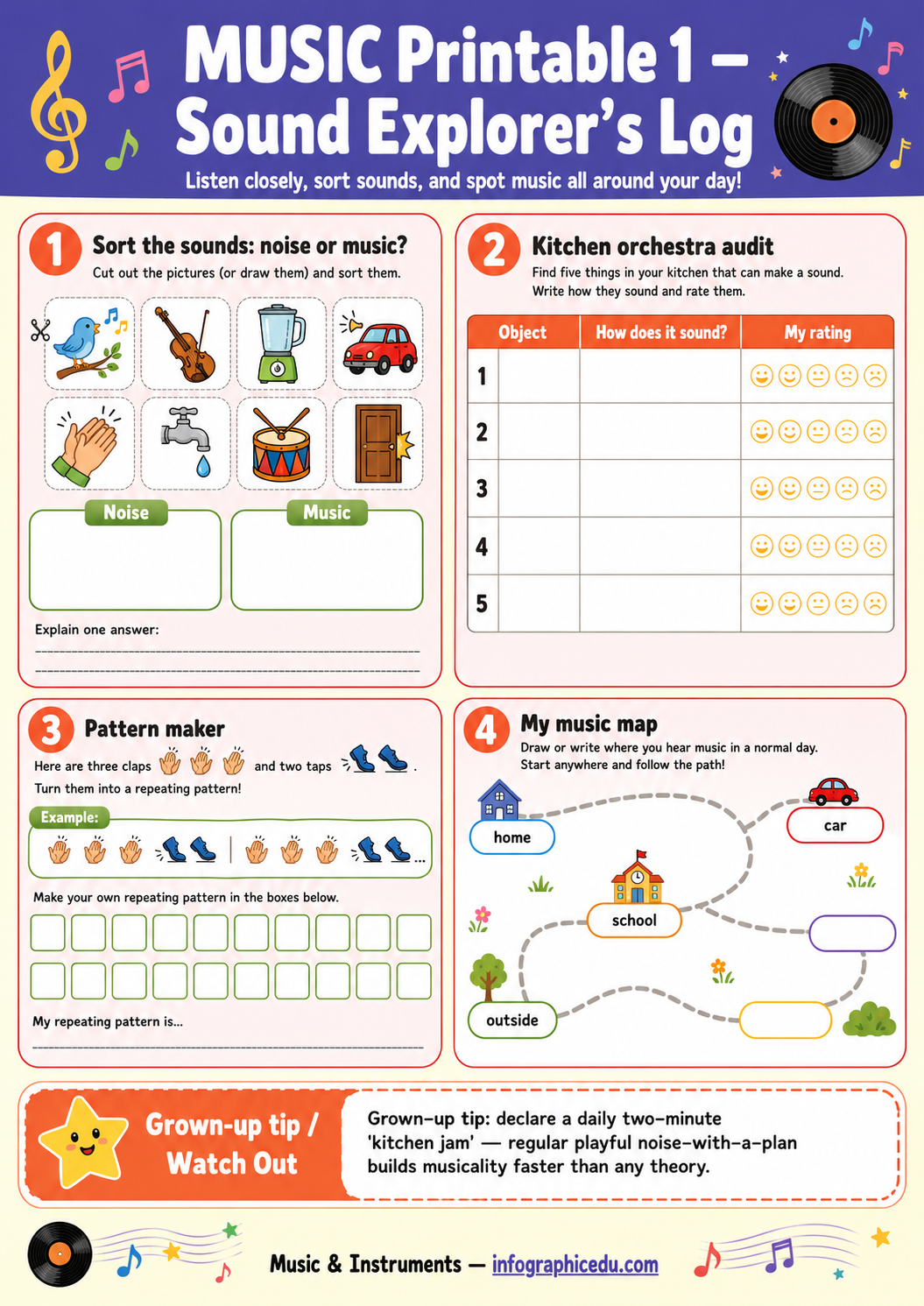 Music-themed worksheet for children with various activities and sound icons.