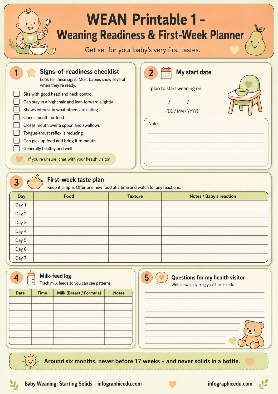 Weaning readiness and first-week planner for babies with checkboxes, date input, and food plan sections.
