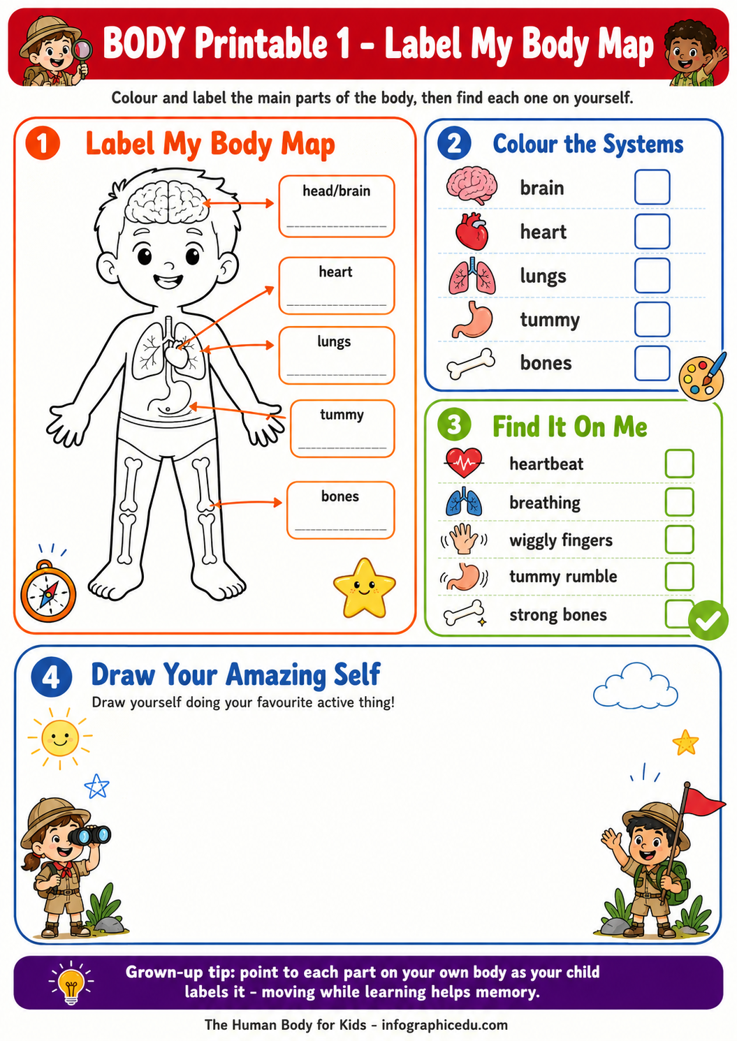Educational worksheet for children to label their body parts with cartoon illustrations and text.