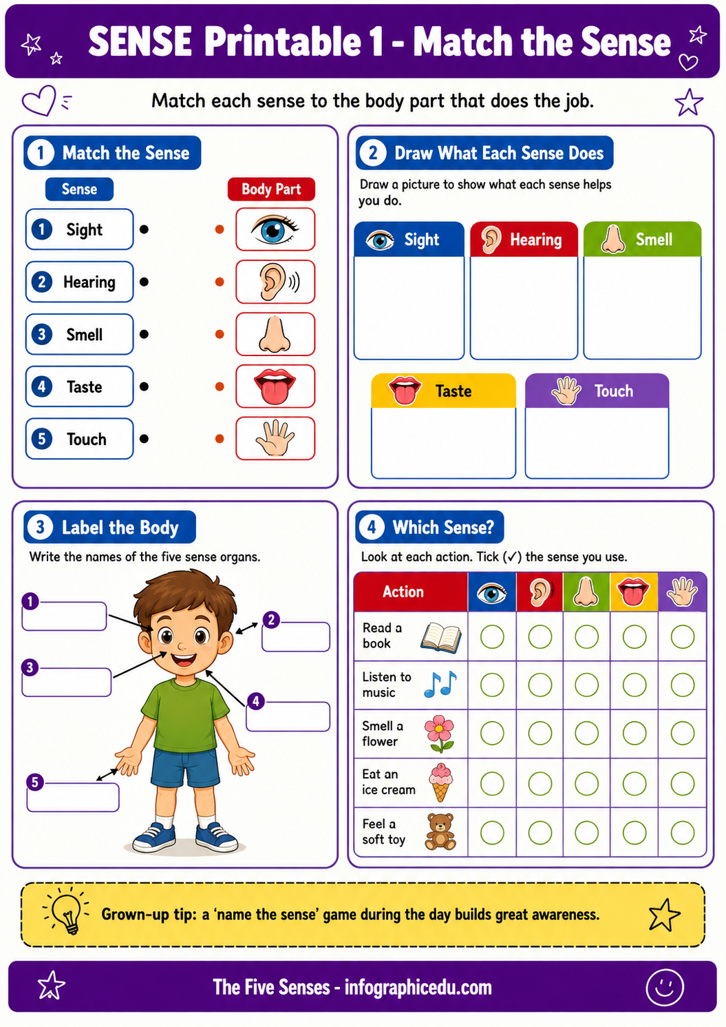 Educational worksheet for matching senses with body parts on a purple background.