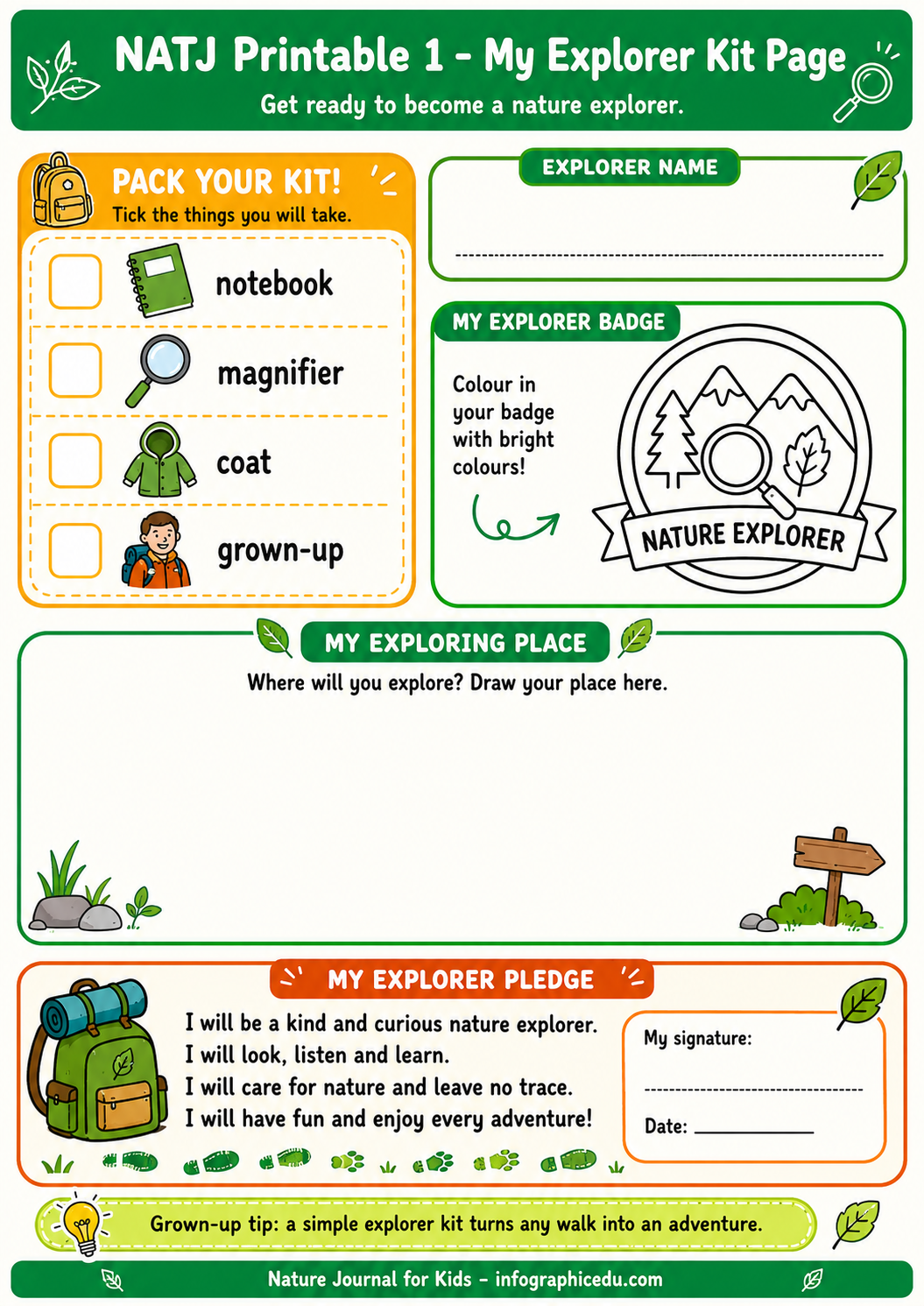 Nature Explorer Kit Page with checkboxes, badge, and pledge for children to pack their kit and explore nature.