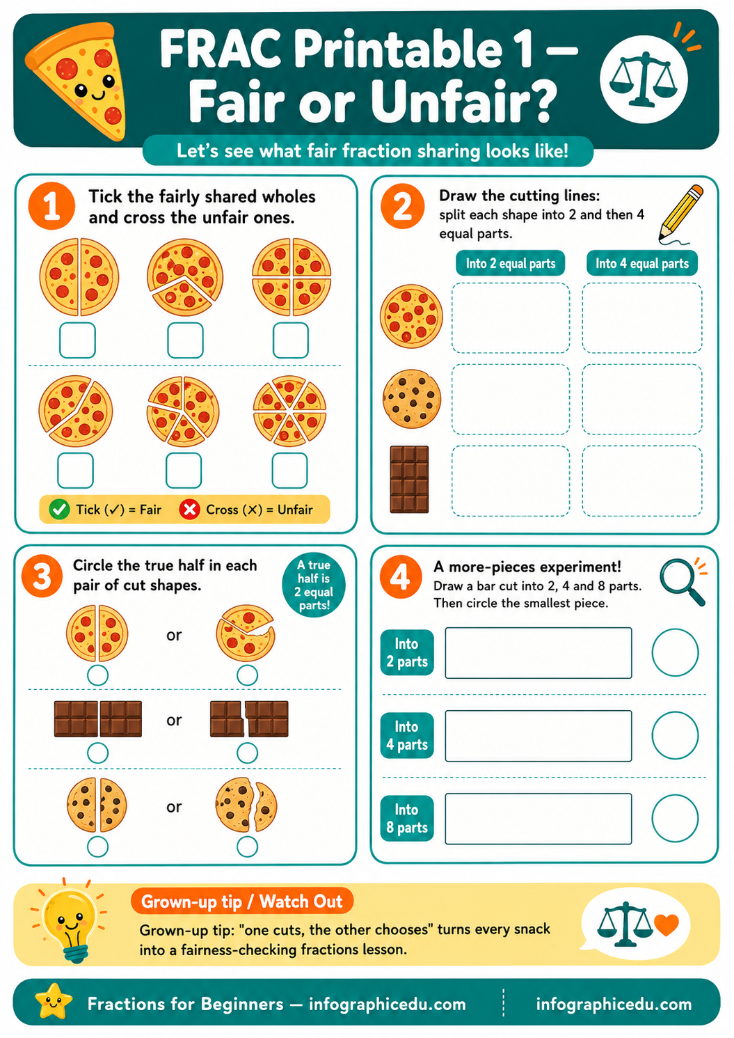 Educational worksheet on fair fraction sharing with pizza illustrations and fraction concepts.