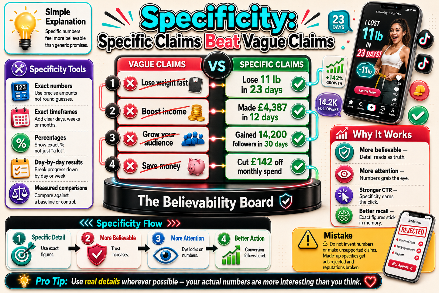 Infographic on specificity in claims with smartphone app examples