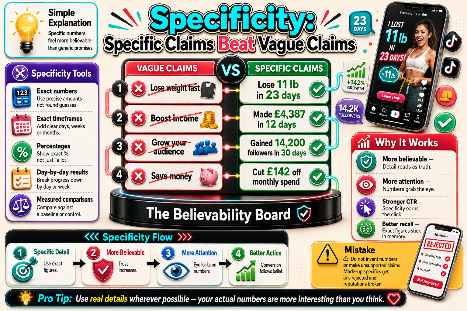 Infographic on specificity in claims with smartphone app examples