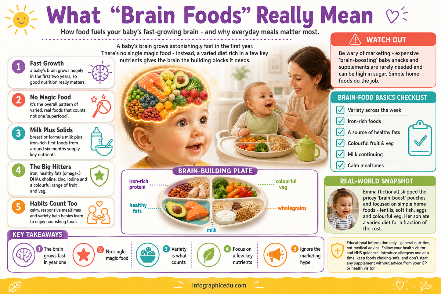 Educational infographic about brain foods for babies, featuring graphics and text.