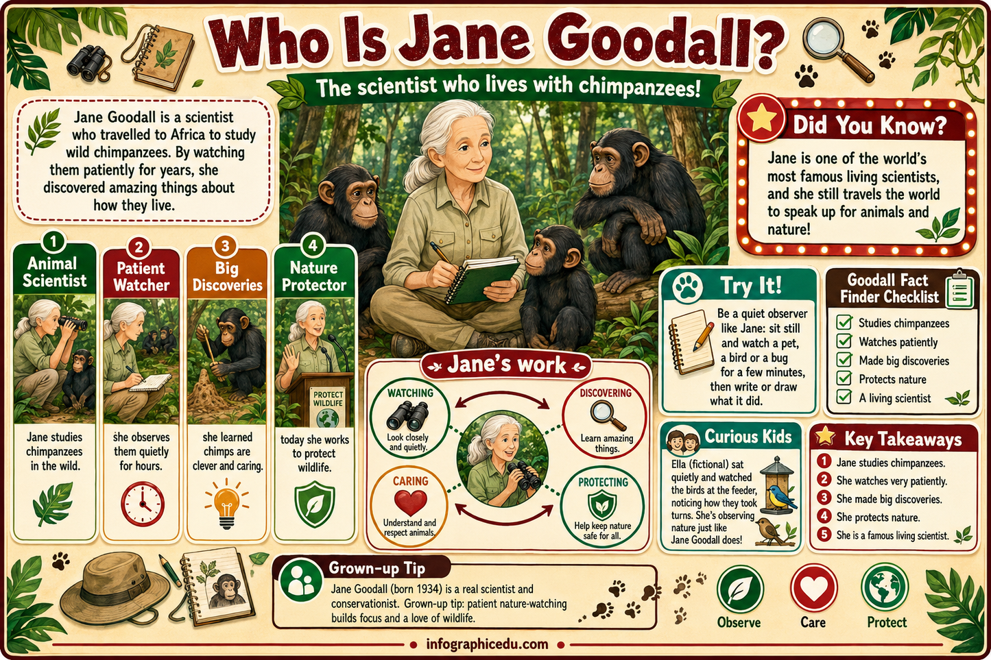 Educational poster about Jane Goodall with images and text about her life and work.
