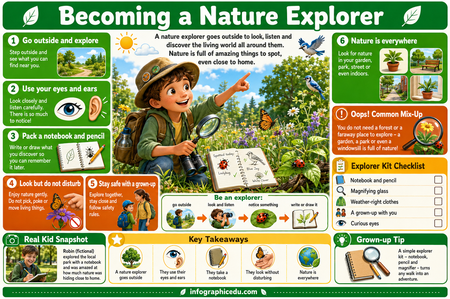 Educational poster on becoming a nature explorer with illustrations and text.