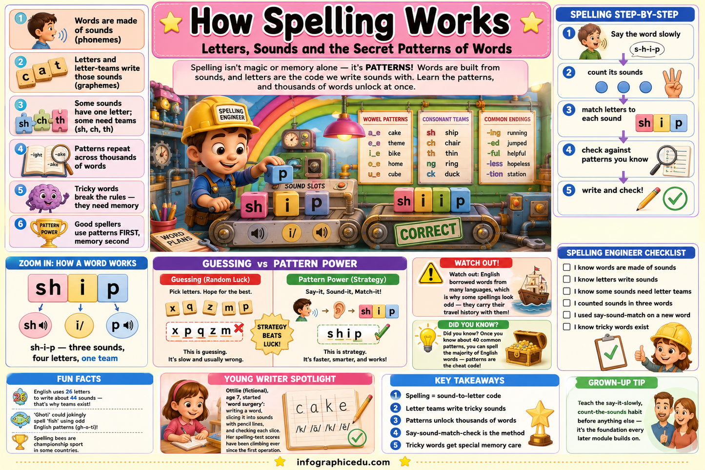 Educational poster about spelling patterns and steps, featuring a cartoon character and various educational elements.