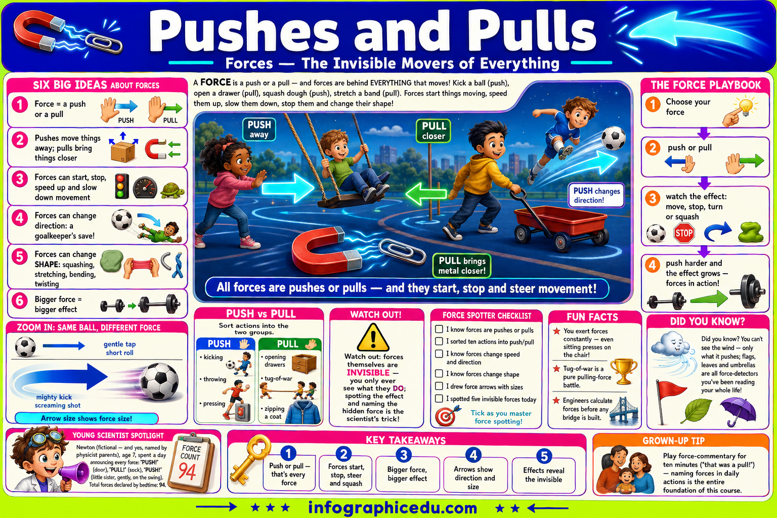 Educational poster about forces and motion with illustrations and text.
