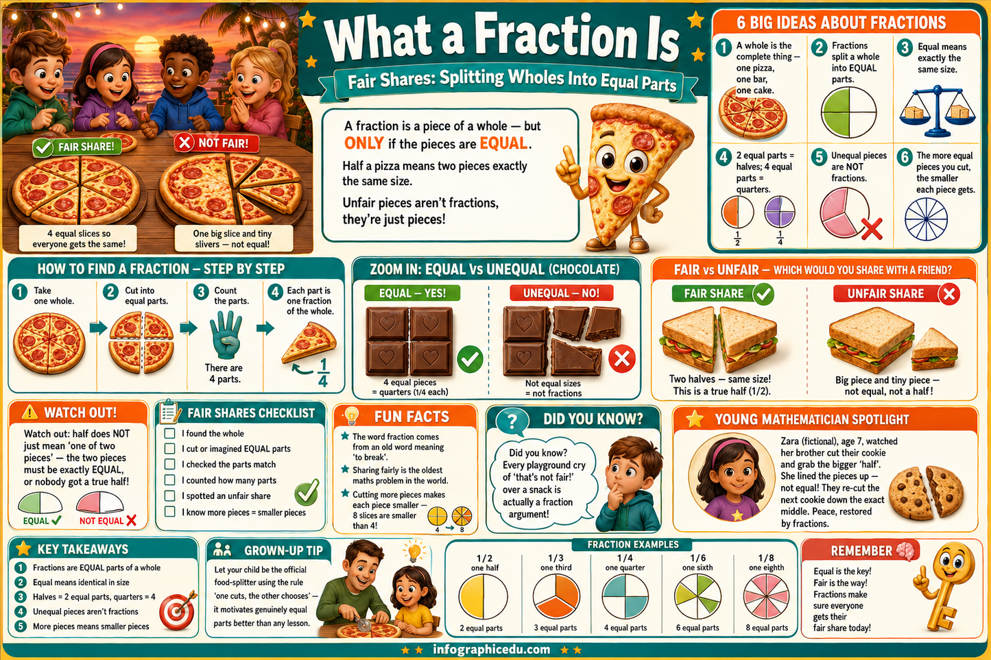 Educational poster about fractions with colorful graphics and text.