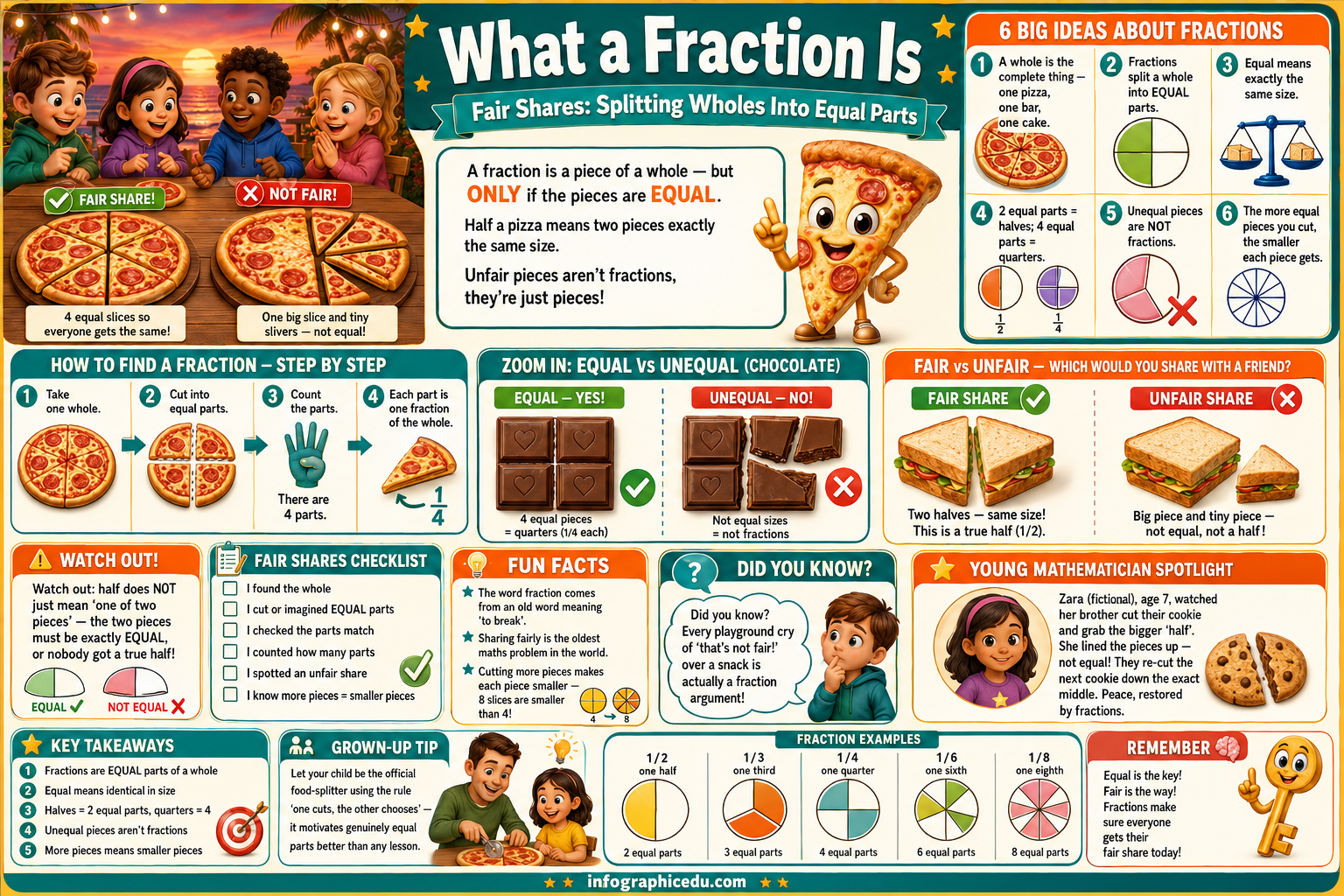 Educational poster about fractions with colorful graphics and text.