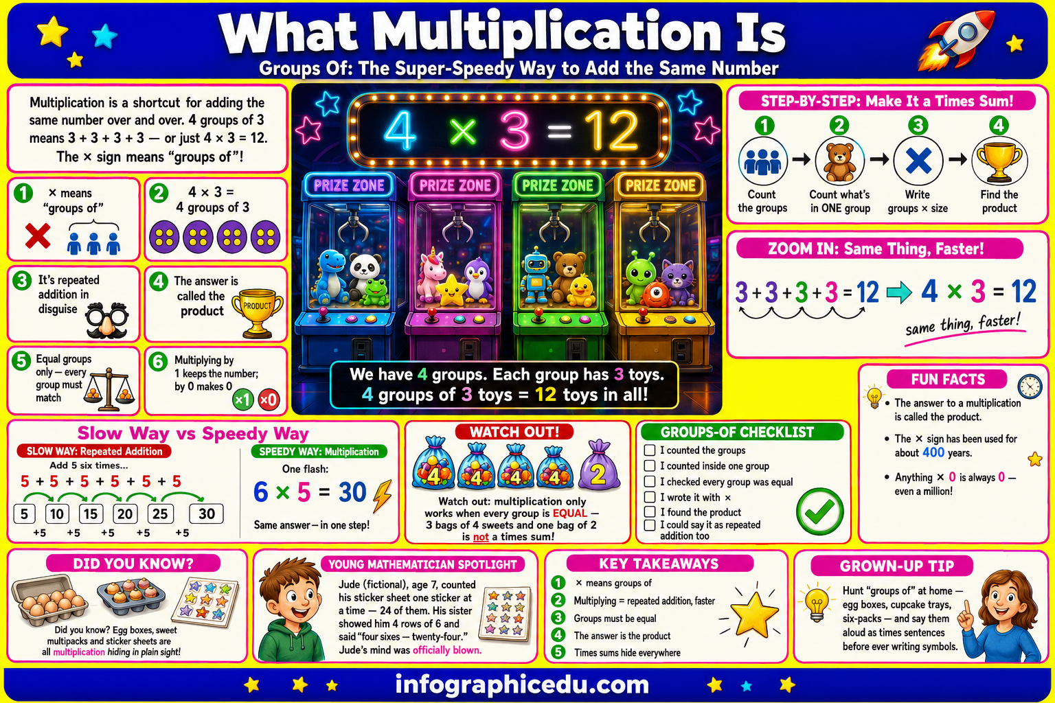 Educational poster about multiplication with colorful graphics and text.