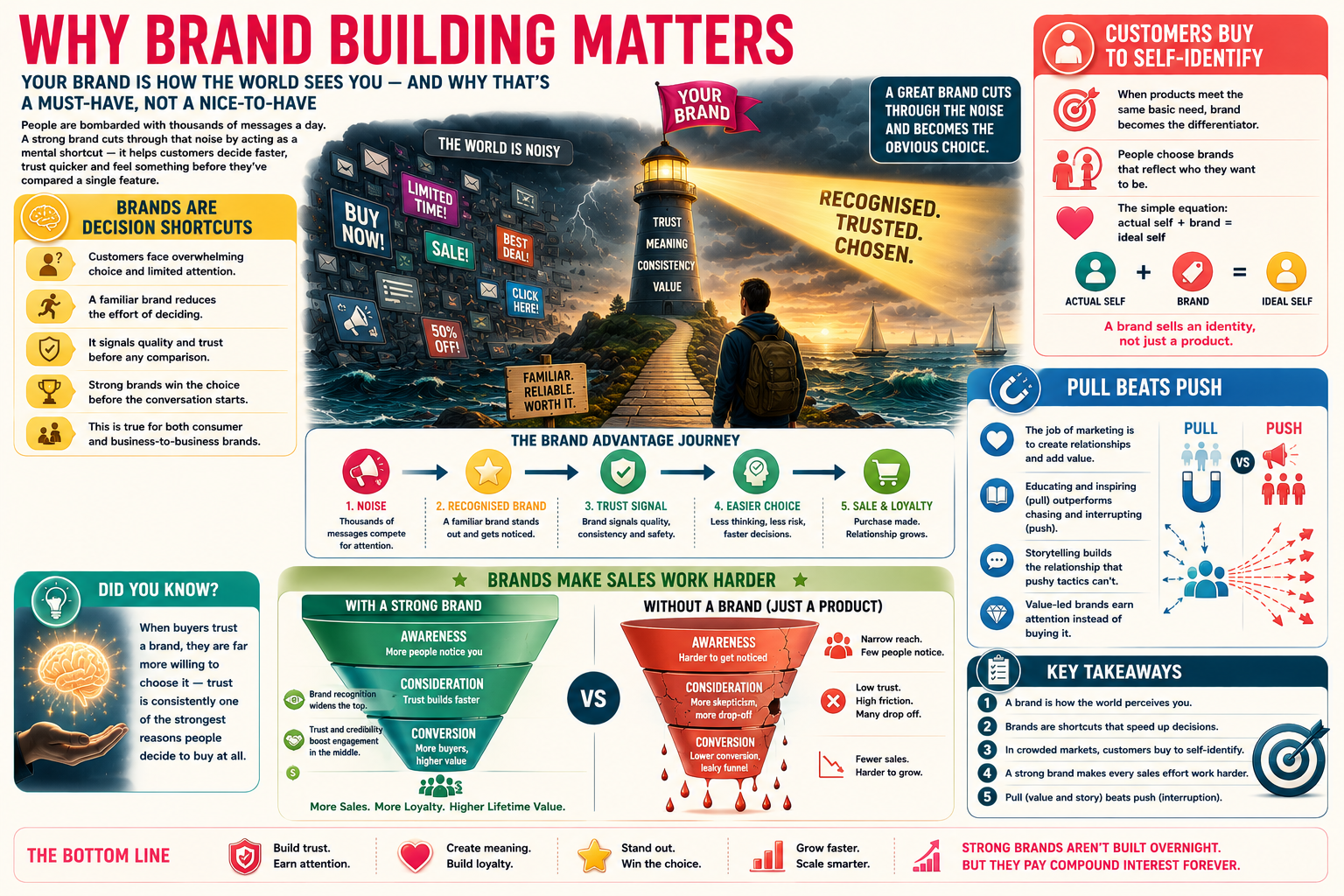 Infographic on brand building with visual elements and text.