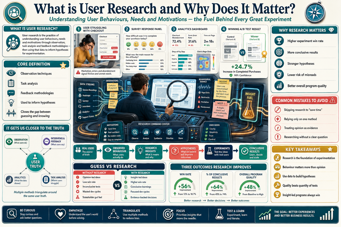Infographic on user research with various sections and a central image of a person at a computer.