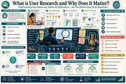 Infographic on user research with various sections and a central image of a person at a computer.