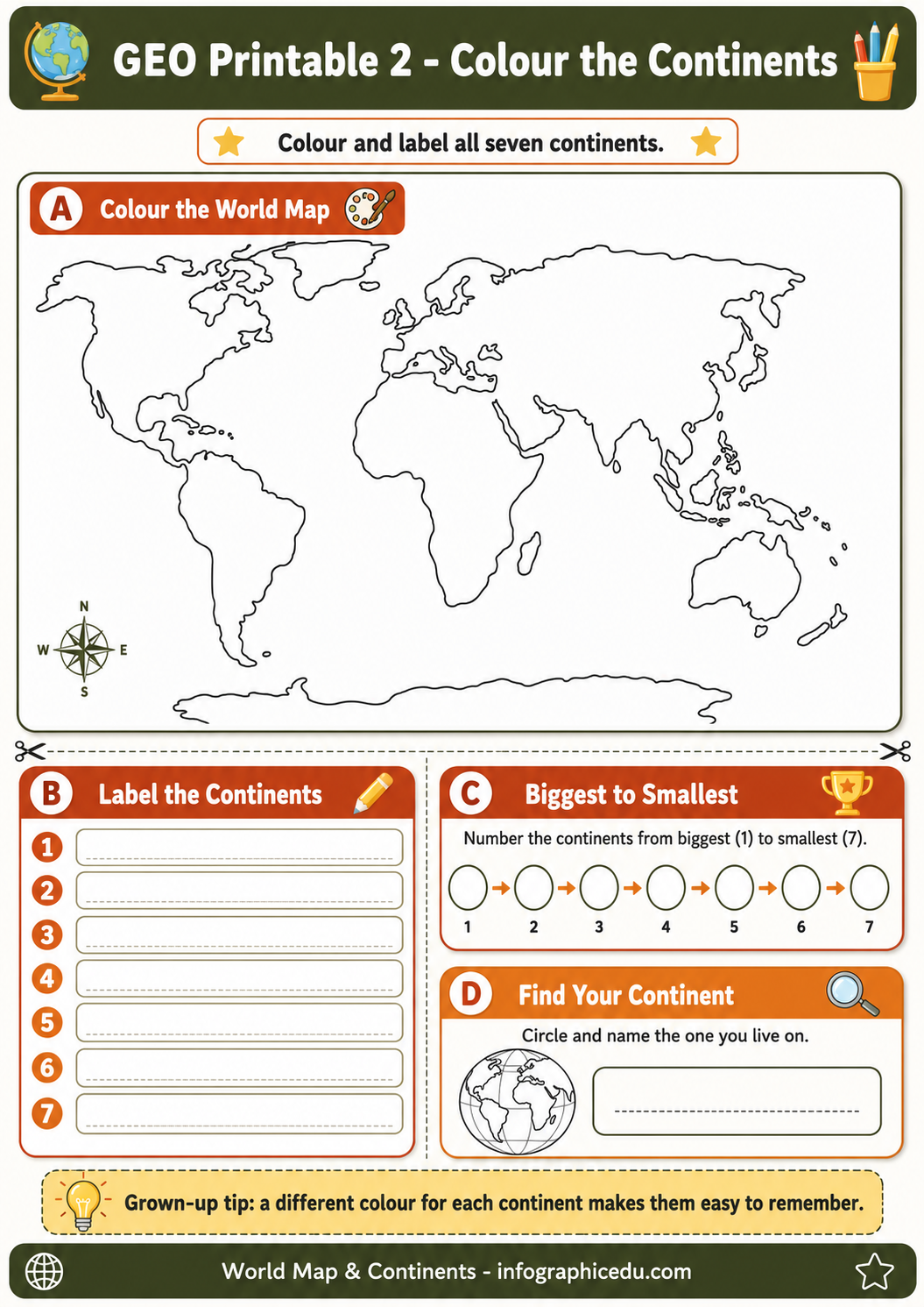 World map coloring sheet with continents to color and label, educational content from infograhicedu.com